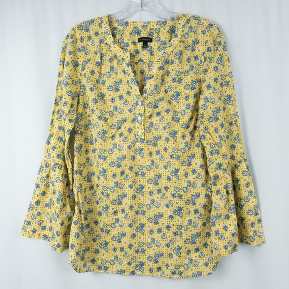 Talbots Floral Flare Sleeve Blouse‎ Womens Small Cotton Cottage Boho Yellow Blue